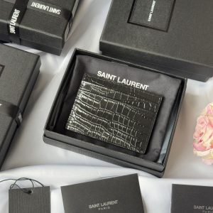 YSL Card Holder 10cm Wallet Black Silver Crocodile Leather 240554
