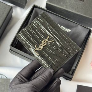 YSL Card Holder 10cm Wallet Black Silver Crocodile Leather 240554