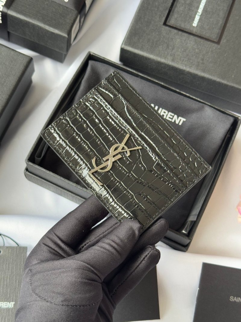 YSL Card Holder 10cm Wallet Black Silver Crocodile Leather 240554