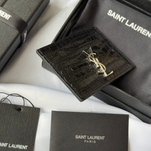 YSL Card Holder 10cm Wallet Black Silver Crocodile Leather 240554