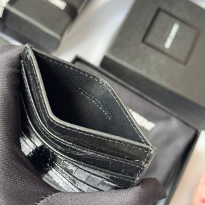 YSL Card Holder 10cm Wallet Black Silver Crocodile Leather 240554