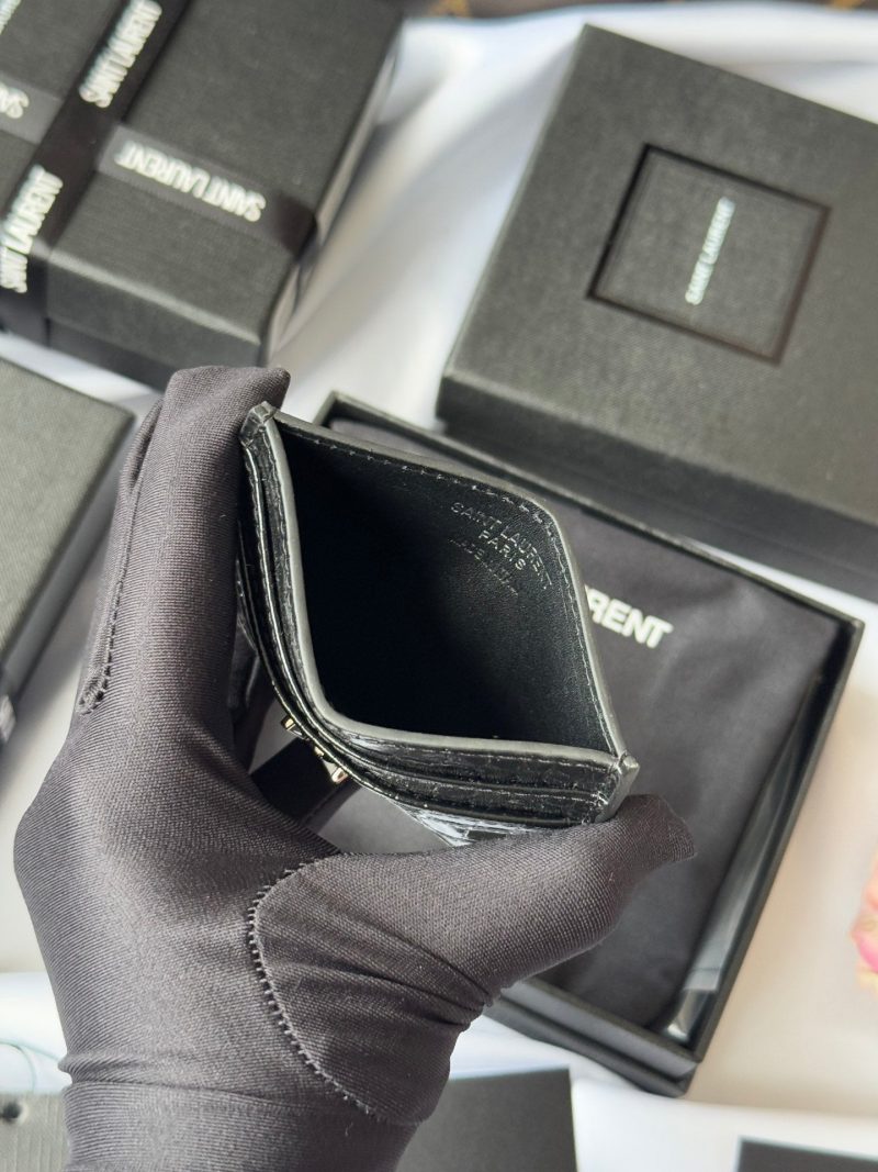 YSL Card Holder 10cm Wallet Black Silver Crocodile Leather 240554