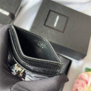 YSL Card Holder 10cm Wallet Black Silver Crocodile Leather 240554