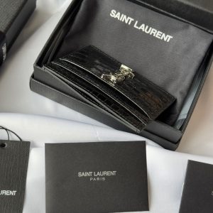 YSL Card Holder 10cm Wallet Black Silver Crocodile Leather 240554