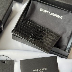 YSL Card Holder 10cm Wallet Full Black Crocodile Leather 240552