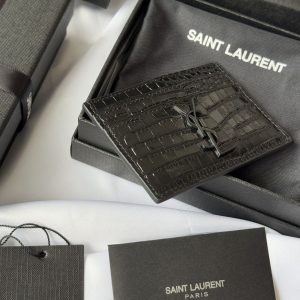 YSL Card Holder 10cm Wallet Full Black Crocodile Leather 240552
