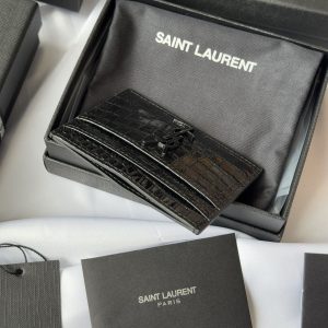 YSL Card Holder 10cm Wallet Full Black Crocodile Leather 240552