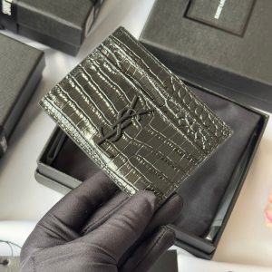 YSL Card Holder 10cm Wallet Full Black Crocodile Leather 240552