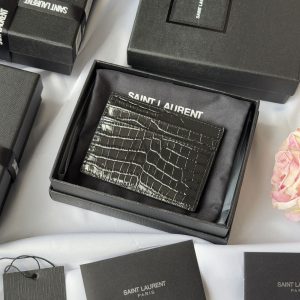 YSL Card Holder 10cm Wallet Full Black Crocodile Leather 240552