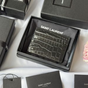 YSL Card Holder 10cm Wallet Black Gold Crocodile Leather 240550
