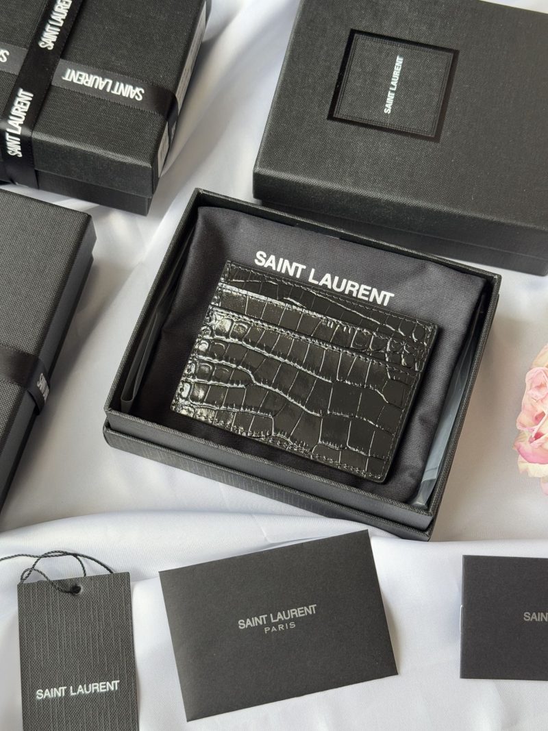YSL Card Holder 10cm Wallet Black Gold Crocodile Leather 240550