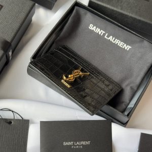 YSL Card Holder 10cm Wallet Black Gold Crocodile Leather 240550