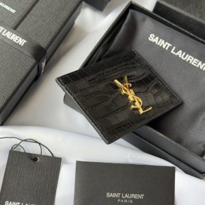YSL Card Holder 10cm Wallet Black Gold Crocodile Leather 240550