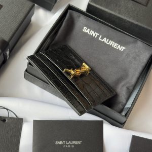 YSL Card Holder 10cm Wallet Black Gold Crocodile Leather 240550