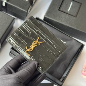 YSL Card Holder 10cm Wallet Black Gold Crocodile Leather 240550