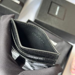 YSL Card Holder 10cm Wallet Black Gold Crocodile Leather 240550