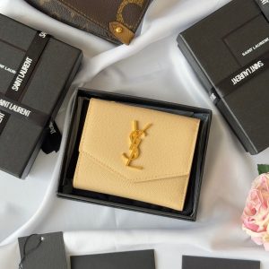 YSL Tri-fold Wallet Beige Gold Cowhide 242756