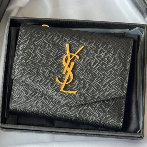 YSL Tri-fold Wallet Black Gold Cowhide 242754