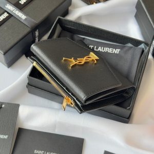 YSL Tri-fold Wallet Black Gold Cowhide 242754