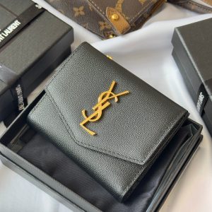 YSL Tri-fold Wallet Black Gold Cowhide 242754