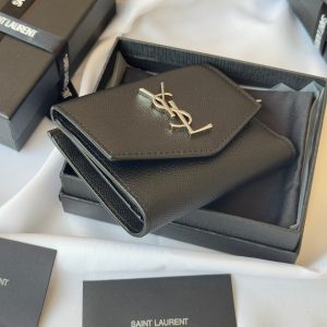 YSL Tri-fold Wallet Black Silver Cowhide 242758