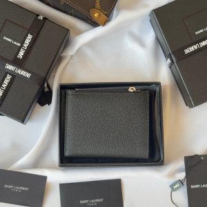 YSL Tri-fold Wallet Black Silver Cowhide 242758