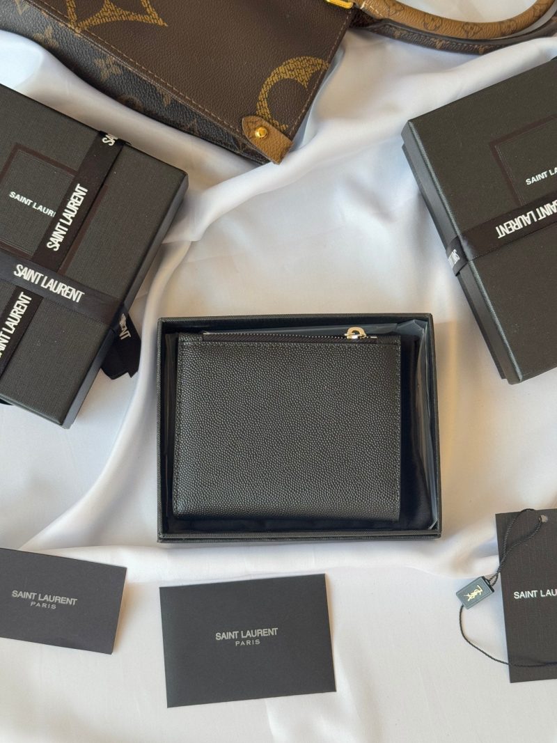 YSL Tri-fold Wallet Black Silver Cowhide 242758