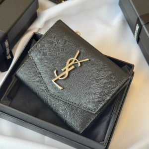 YSL Tri-fold Wallet Black Silver Cowhide 242758