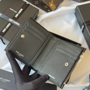 YSL Tri-fold Wallet Black Silver Cowhide 242758