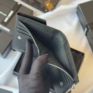 YSL Tri-fold Wallet Black Silver Cowhide 242758