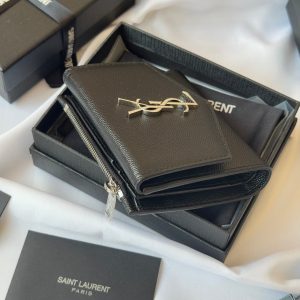 YSL Tri-fold Wallet Black Silver Cowhide 242758