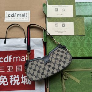 MOON SIDE SHOULDER BAG 24 IN BEIGE CANVAS AND BLACK LEATHER TRIM