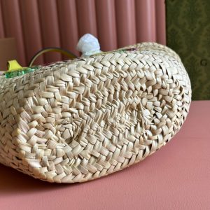 SMALL TOTE BAG 20 WITH LOGO IN NATURAL-COLORED STRAW AND YELLOW CALFSKIN HANDLE