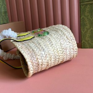 SMALL TOTE BAG 20 WITH LOGO IN NATURAL-COLORED STRAW AND YELLOW CALFSKIN HANDLE