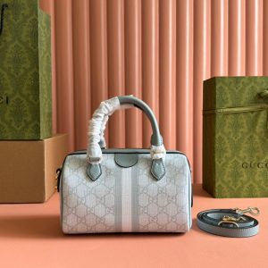 OPHIDIA TOP HANDLE BAG 21 IN GREY-GREEN MONOGRAM CANVAS AND CALFSKIN TRIM GOLD HARDWARE