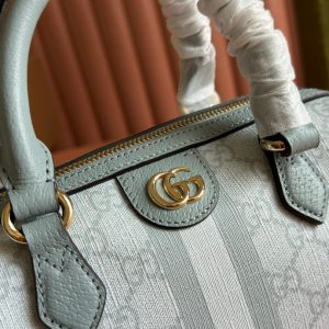 OPHIDIA TOP HANDLE BAG 21 IN GREY-GREEN MONOGRAM CANVAS AND CALFSKIN TRIM GOLD HARDWARE