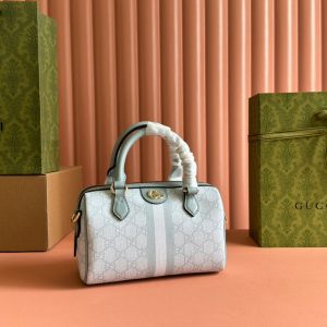 OPHIDIA TOP HANDLE BAG 21 IN GREY-GREEN MONOGRAM CANVAS AND CALFSKIN TRIM GOLD HARDWARE