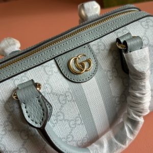 OPHIDIA TOP HANDLE BAG 21 IN GREY-GREEN MONOGRAM CANVAS AND CALFSKIN TRIM GOLD HARDWARE