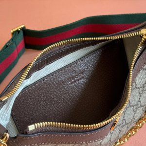 OPHIDIA SMALL SHOULDER BAG 25 IN BEIGE EBONY CANVAS AND DARK BROWN LAMBSKIN GOLD HARDWARE