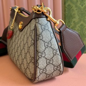 OPHIDIA SMALL SHOULDER BAG 25 IN BEIGE EBONY CANVAS AND DARK BROWN LAMBSKIN GOLD HARDWARE