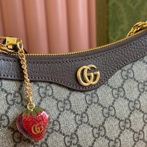 OPHIDIA SMALL SHOULDER BAG 25 IN BEIGE EBONY CANVAS AND DARK BROWN LAMBSKIN GOLD HARDWARE