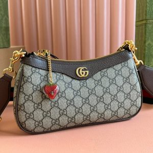 OPHIDIA SMALL SHOULDER BAG 25 IN BEIGE EBONY CANVAS AND DARK BROWN LAMBSKIN GOLD HARDWARE