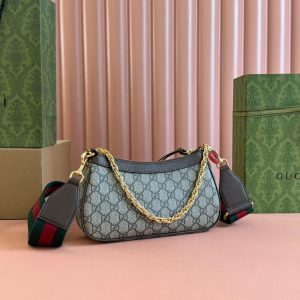 OPHIDIA SMALL SHOULDER BAG 25 IN BEIGE EBONY CANVAS AND DARK BROWN LAMBSKIN GOLD HARDWARE