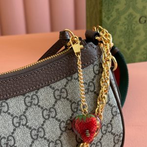 OPHIDIA SMALL SHOULDER BAG 25 IN BEIGE EBONY CANVAS AND DARK BROWN LAMBSKIN GOLD HARDWARE