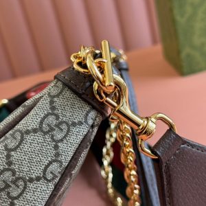 OPHIDIA SMALL SHOULDER BAG 25 IN BEIGE EBONY CANVAS AND DARK BROWN LAMBSKIN GOLD HARDWARE