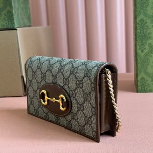 HORSEBIT 1955 WALLET IN BEIGE EBONY CANVAS MIX BROWN CALFSKIN GOLD CHAIN