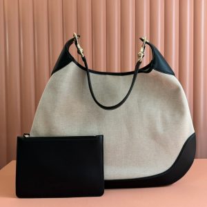 BODY MEDIUM SHOULDER BAD 49 IN NATURAL CANVAS AND BLACK CALFSKIN GOLD HARDWARE