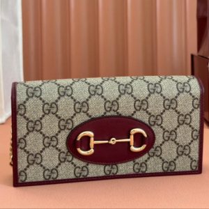 Gucci Horsebit 1995 Chain Wallet Beige mix Rosso Ancora red Canvas 244278