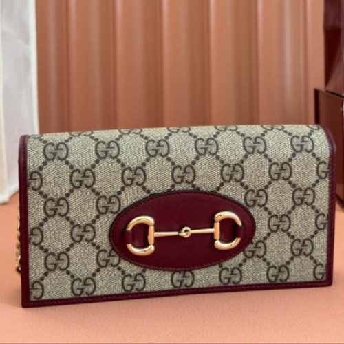 Gucci Horsebit 1995 Chain Wallet Beige mix Rosso Ancora red Canvas 244278