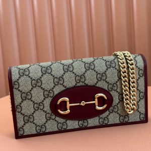 Gucci Horsebit 1995 Chain Wallet Beige mix Rosso Ancora red Canvas 244278